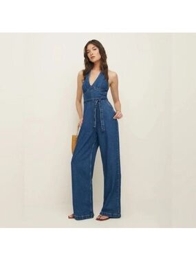Reformation Elena Denim Halter Wide-Leg Jumpsuit - Blue